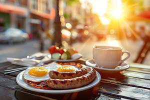 Tasty english breakfast with sausages, eggs, vegetables on the table, a Food & Drink Photo by AlyaAnd