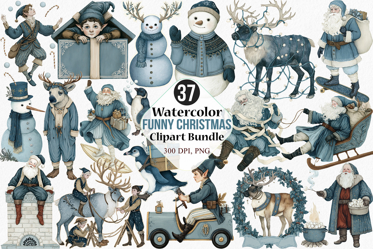 Watercolor Funny Christmas Clipart, an Illustration by Canvas Craft (Photo 1 of 7)