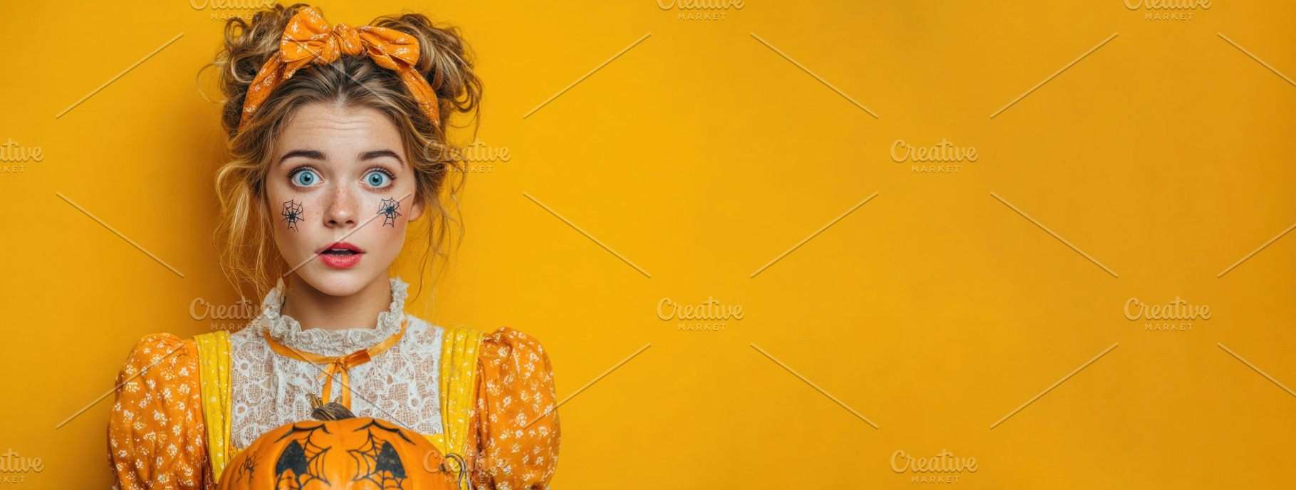 Shocked young woman with spider web face paint holding pumpkin i, a Person Photo by José Manuel Gelpi