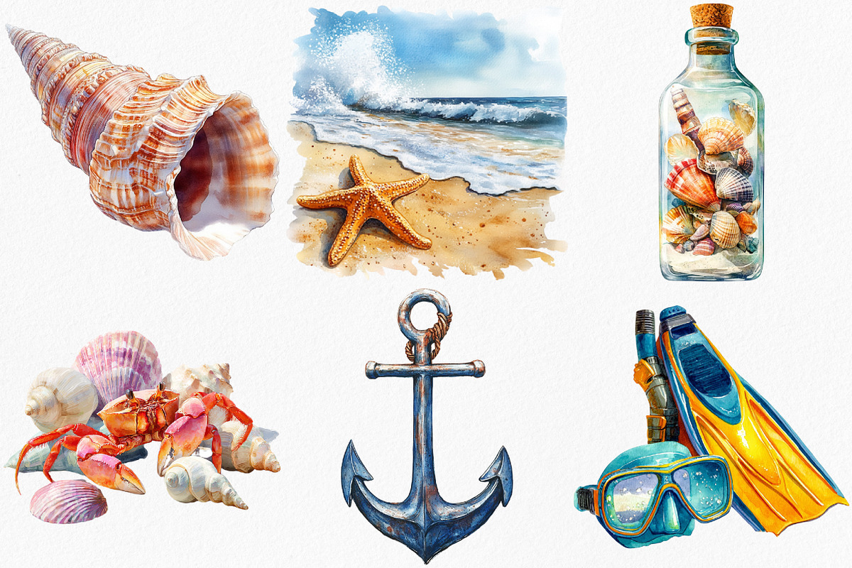 Watercolor Beach Landscape Clipart, an Illustration by Canvas Craft (Photo 2 of 7)