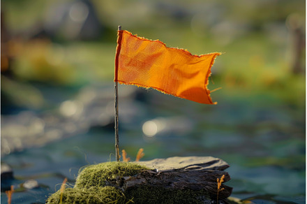 Orange flag waving on a rock in a, a Nature Photo by Ylivdesign