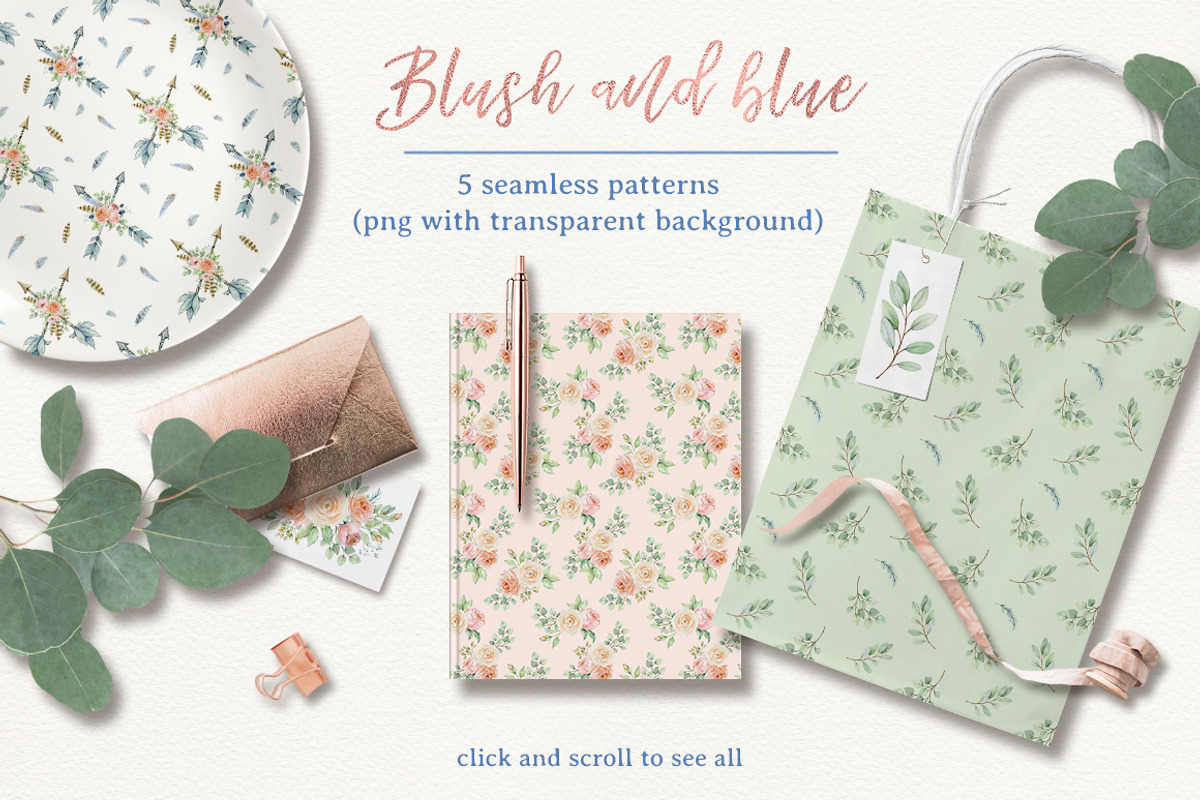 Blush and blue - watercolor clipart, a Decorative Illustration by long summer (Photo 7 of 8)