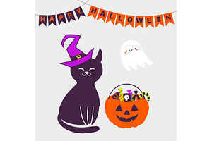 Cute black cat in witch hat, flying