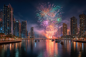 Dubai Fireworks Night Skyline Specta, a Photo by Pixeness Studio