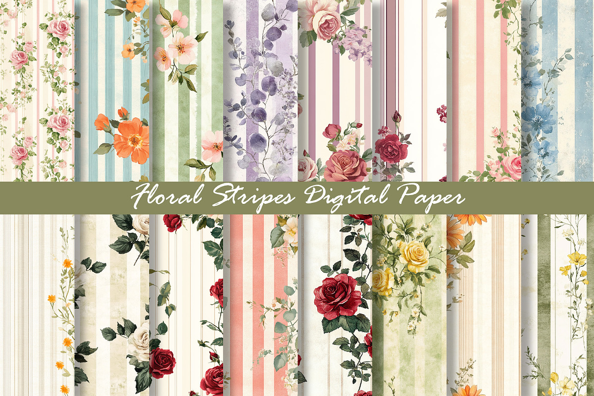Floral Stripes Digital Paper, a Texture Graphic by Dream Creation (Photo 1 of 5)