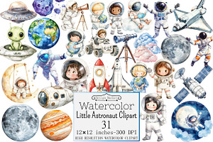 Watercolor Little Astronaut Clipart, a Seasonal Illustration by Design Market
