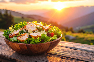Fresh Caesar salad with romaine, croutons, and Parmesan, drizzled with creamy d, a Food & Drink Photo by DutchDigitalDesign