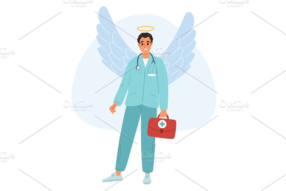 Male doctor in angel costume with, a Healthcare Illustration by Vectorbuum