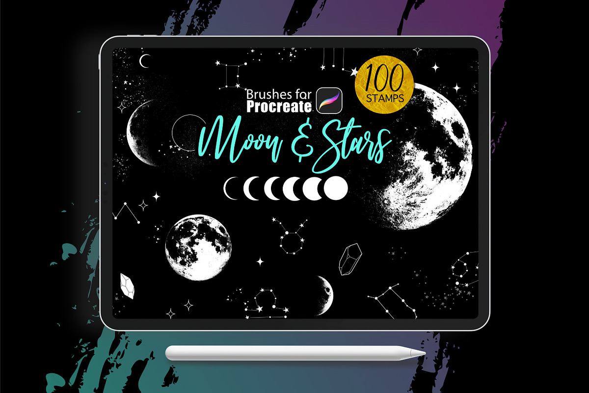 Procreate - Moon and Stars Stamps, a Brush Add-On by DiBrush Studio (Photo 1 of 9)