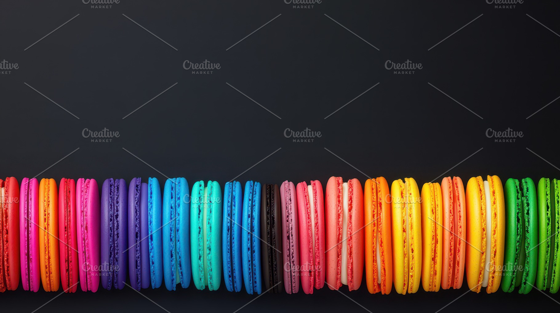 Brightly colored macarons arranged in a row against a black background, highlig, a Food & Drink Photo by Mashimara