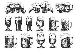 Hand drawn beer mugs set. Engraving, a Food Illustration by Stock-Smart-Start