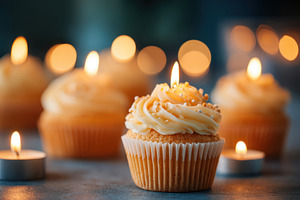 Delicious cupcakes with candles for celebration, a Food & Drink Photo by AlyaAnd