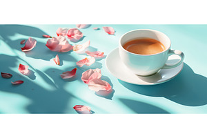 Cup of espresso with rose petals and, a Food & Drink Photo by piter.goskov