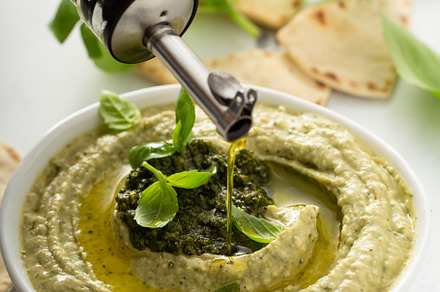 Basil hummus topped with pesto, a Food & Drink Photo by farwasser