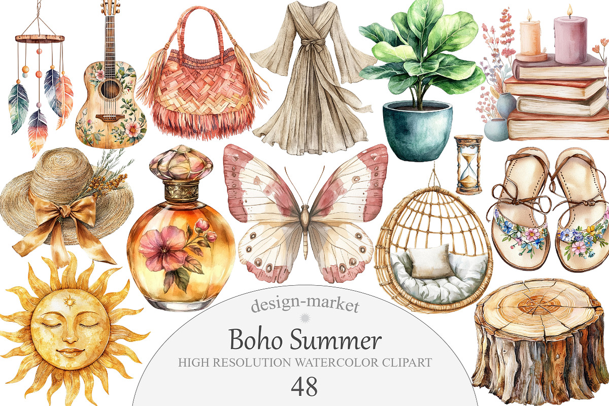 Watercolor Boho Summer Clipart, an Illustration by Design Market (Photo 1 of 5)