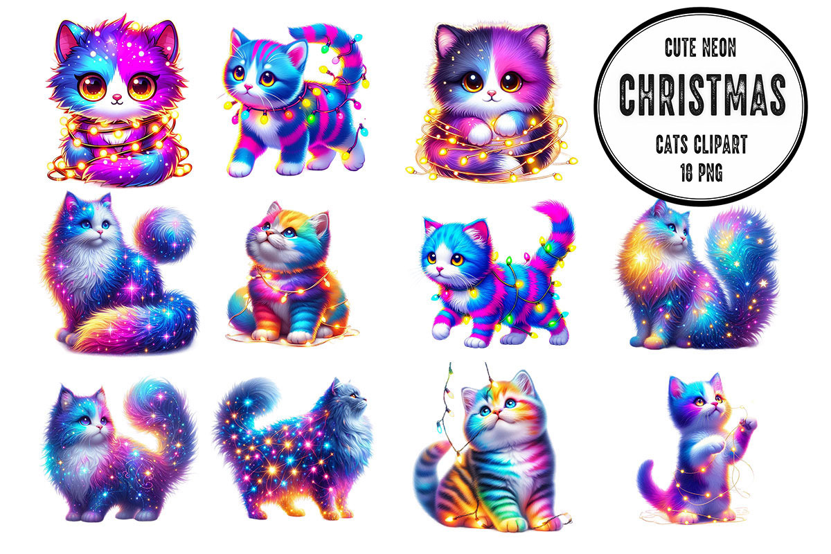 cute neon christmas cats clipart, an Object Graphic by Pixxel_Studio (Photo 4 of 6)