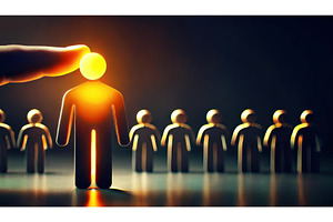 Glowing figure being chosen from a, a Business Photo by Igor Tichonow