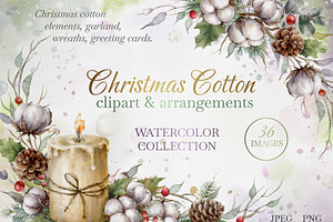 Christmas Cotton Watercolor Clipart.