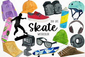 Watercolor Skate Clipart, Skateboard