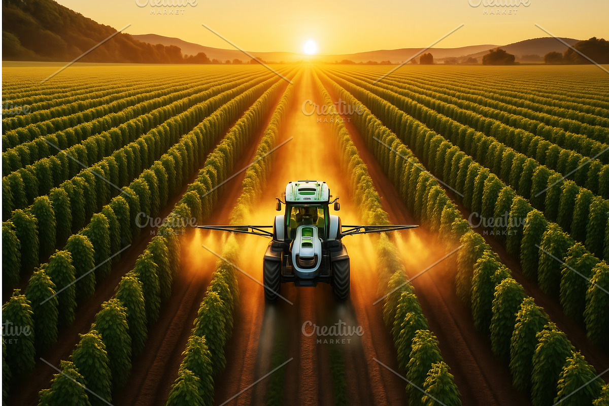A tractor sprays crops in a vast, a Technology Illustration by Sergey Kotenev