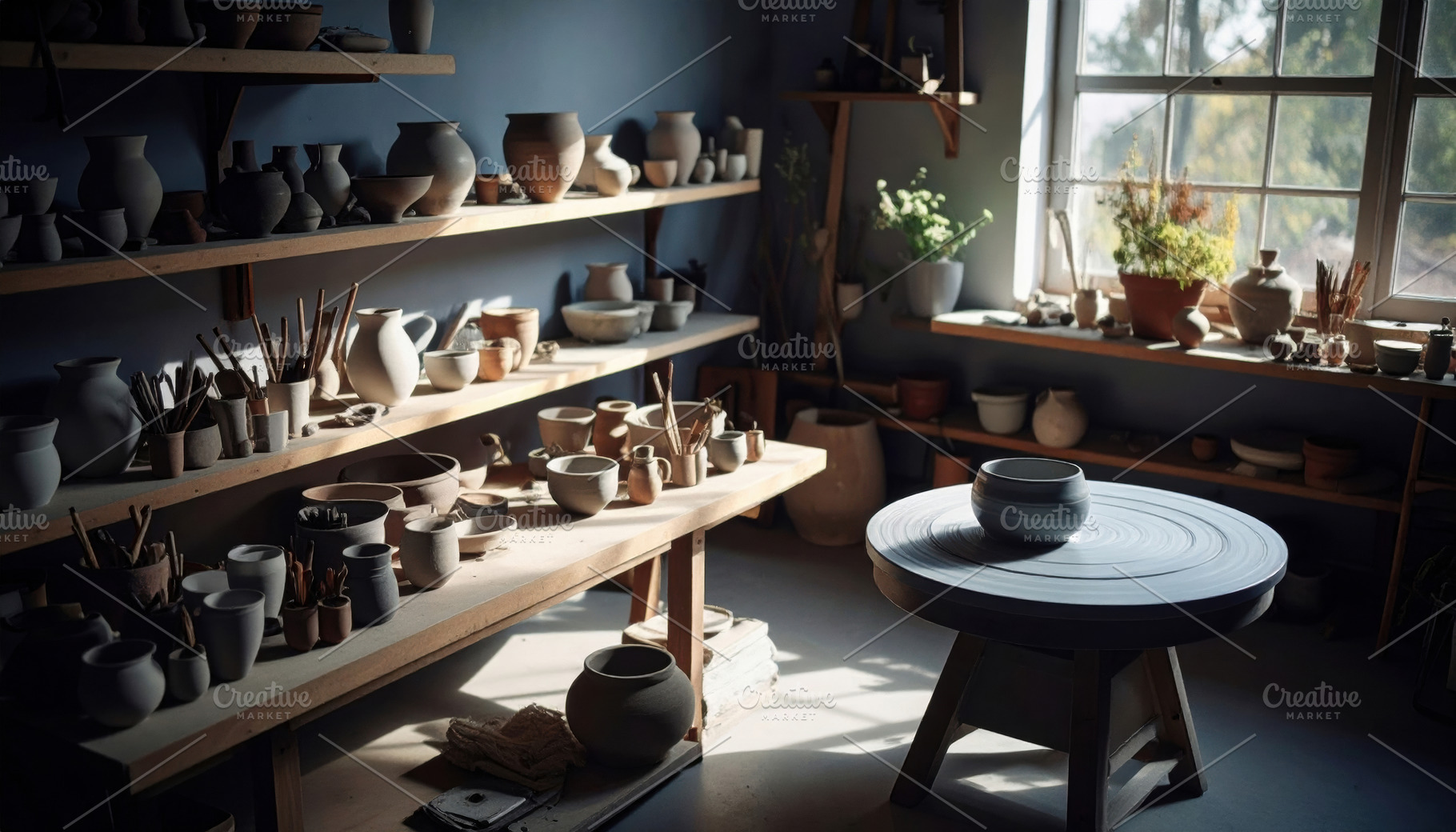 Sunlit Pottery Studio with Wheel and Shelves, an Arts & Entertainment Photo by Davizro's Market