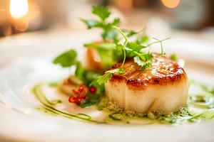 Pan seared scallops plated with a delicate herb sauce and fresh, a Food & Drink Photo by Studio ANNA