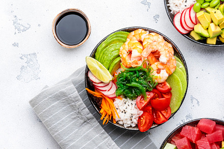 Poke bowl set: tuna, salmon, shrimps with avocado, fruits and ve, a Food & Drink Photo by 5PH