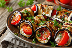 Rolled up eggplant stuffed with cheese and tomatoes in plate, a Food & Drink Photo by AlyaAnd