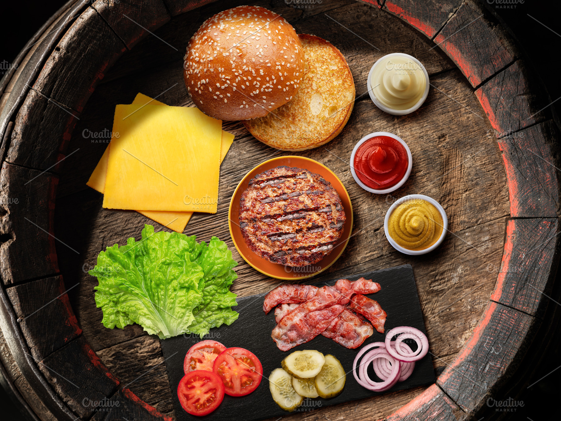 Cheeseburger ingredients on barrel, a Food & Drink Photo by Volff