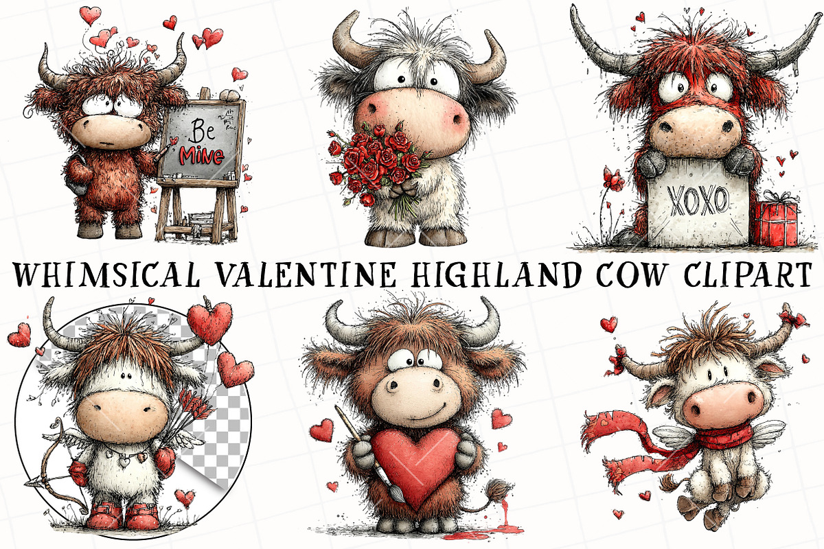 Whimsical Valentine Highland Cow Cli, an Illustration by OK Design (Photo 2 of 6)