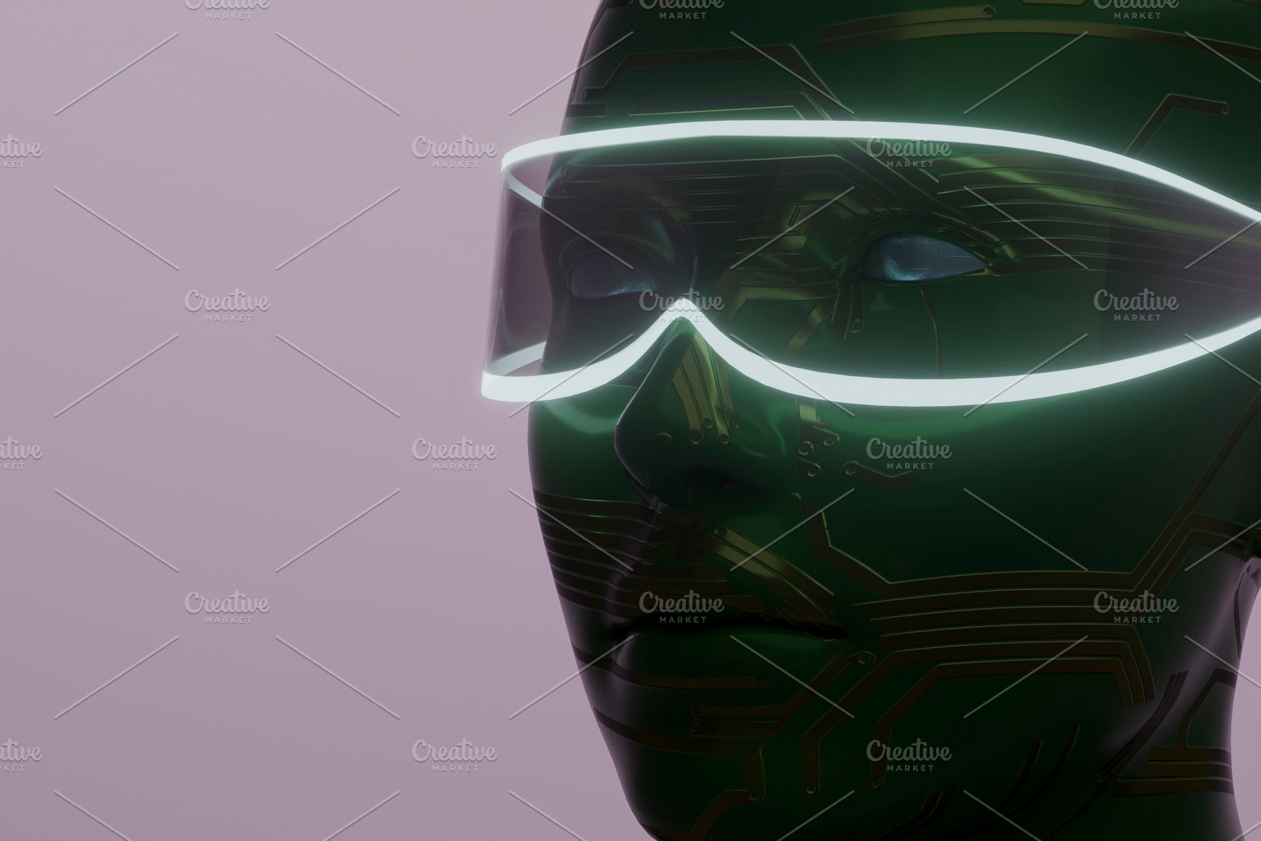 Green circuit humanoid wearing glowing smart visor, a Technology Photo by RF Images