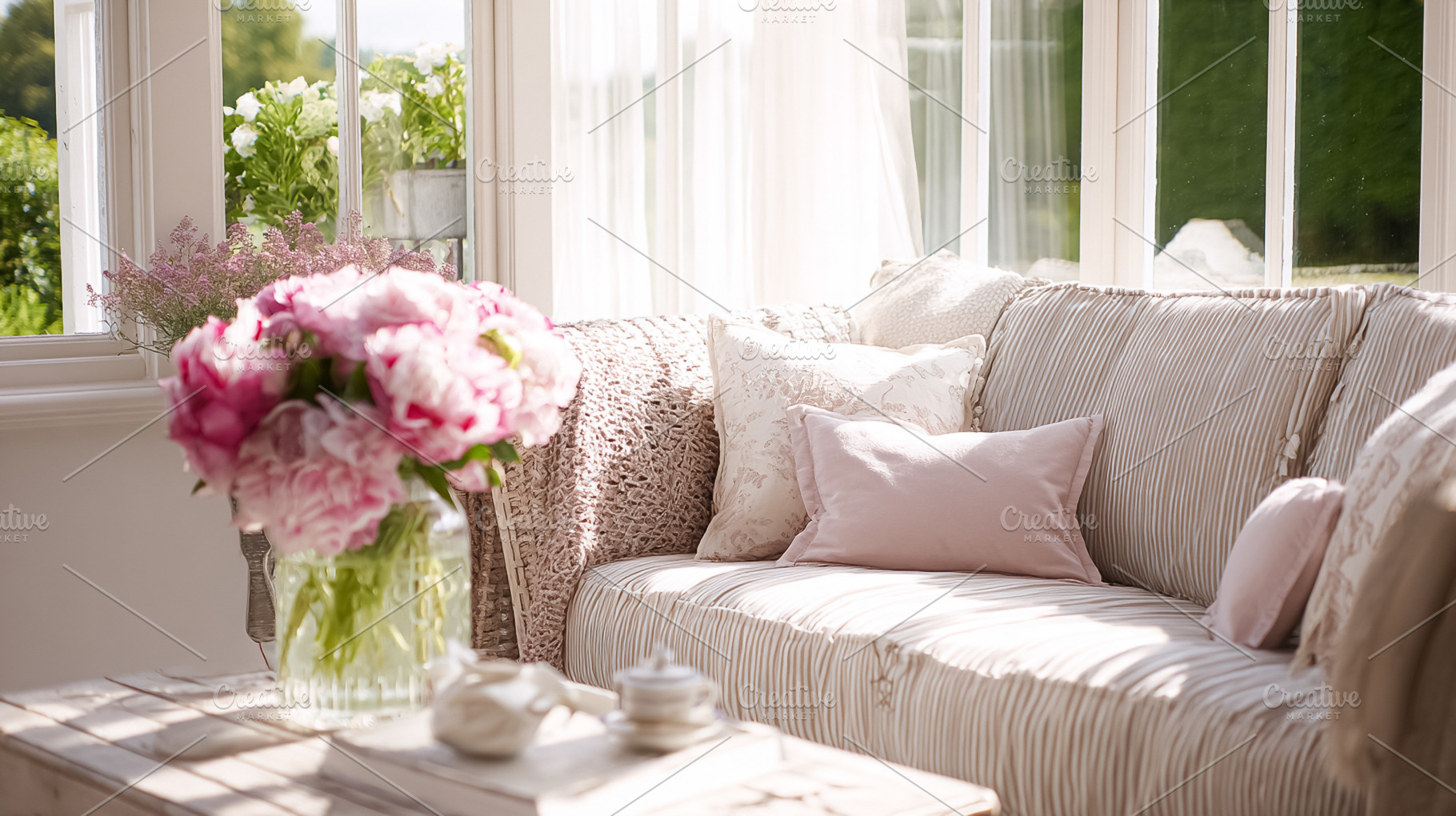 Cozy sunroom interior during sunny day with peopny flowers creat, a Photo by Studio ANNA