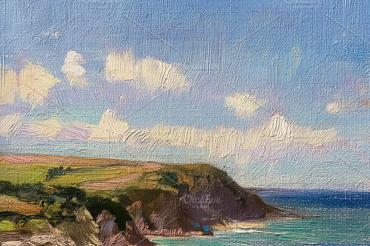 Impressionistic oil painting of a sunny coastal landscape with b, a Decorative Illustration by Studio ANNA