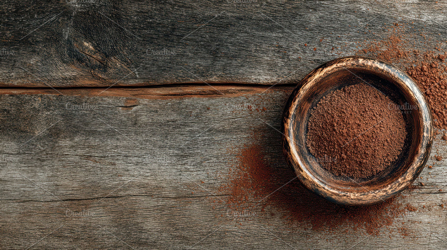 Ground cocoa powder in a wooden bowl, a Photo by Pavel_design