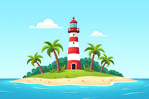 Island With Lighthouse And Coconut T, a Photo by LOGOCREATIVE