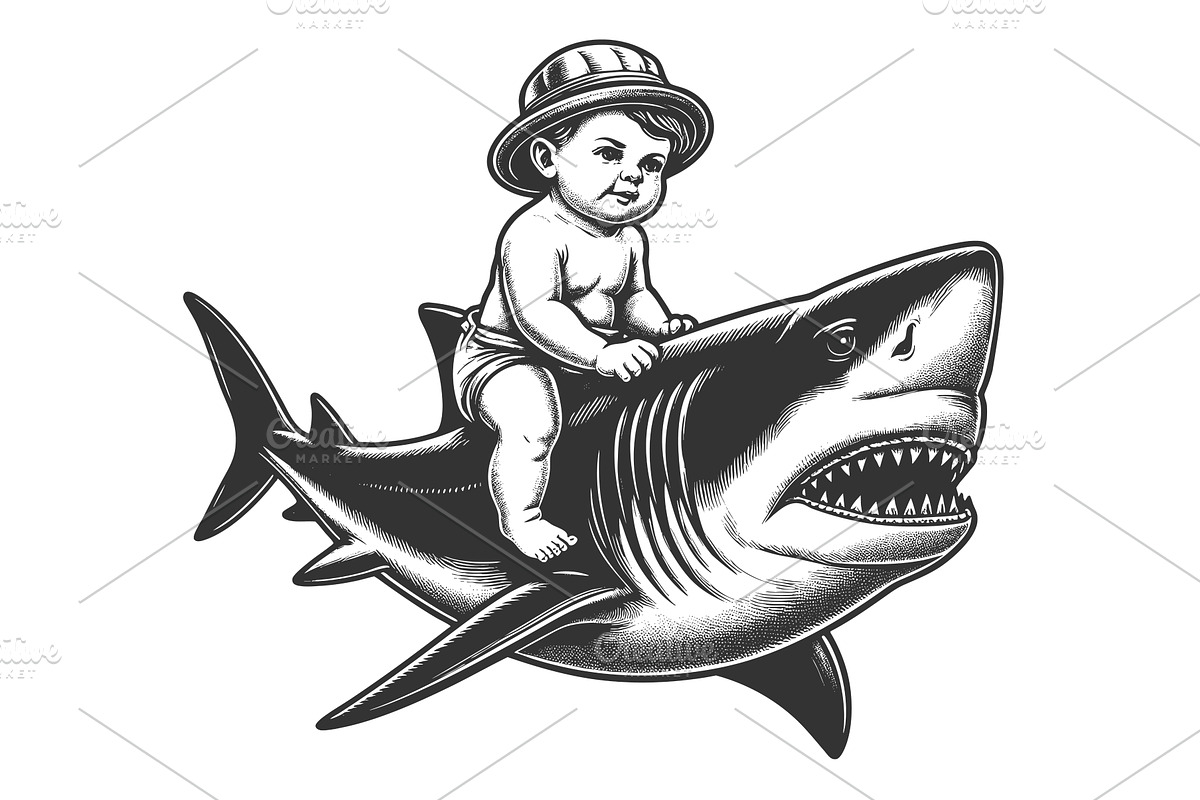 Baby Riding Shark with Thumbs Up, an Animal Illustration by AlexArt
