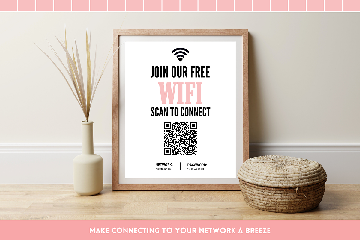 Pink & Black WiFi QR Code Sign, a Stationery Template by SunshineStudioBoutique (Photo 9 of 10)