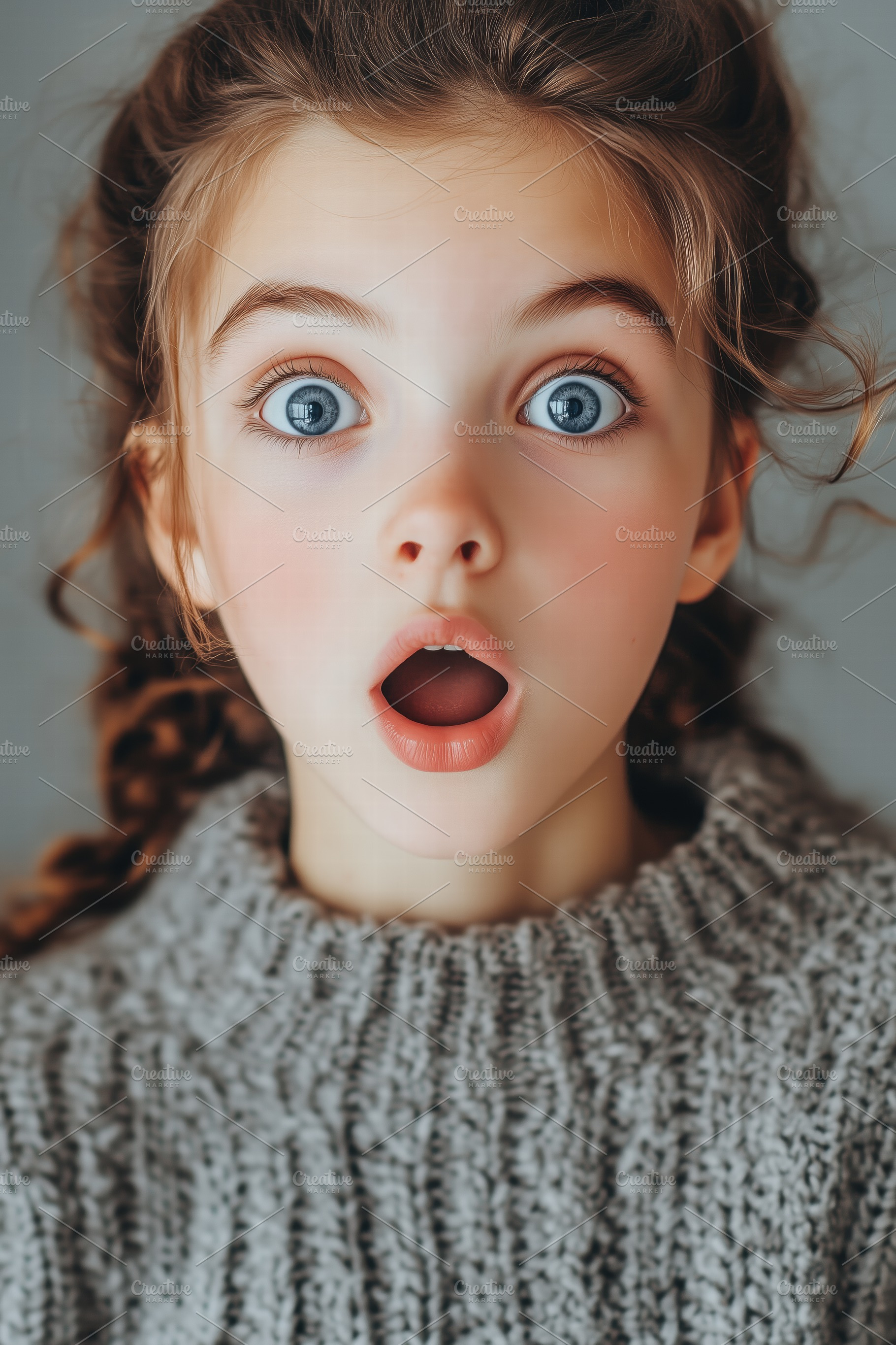 A surprised young girl with wide blue eyes and an open mouth, wearing a cozy gr, a Person Photo by Textures & Backgrounds