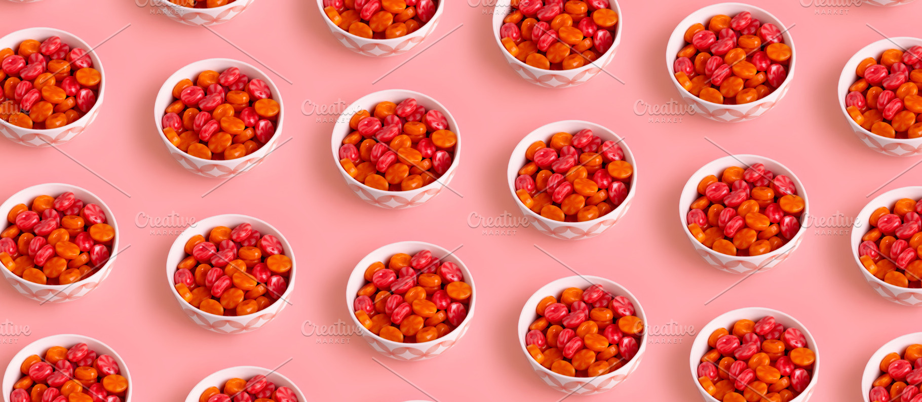 Seamless repeating pattern of white bowls filled with red and or, a Food & Drink Photo by Ales Munt