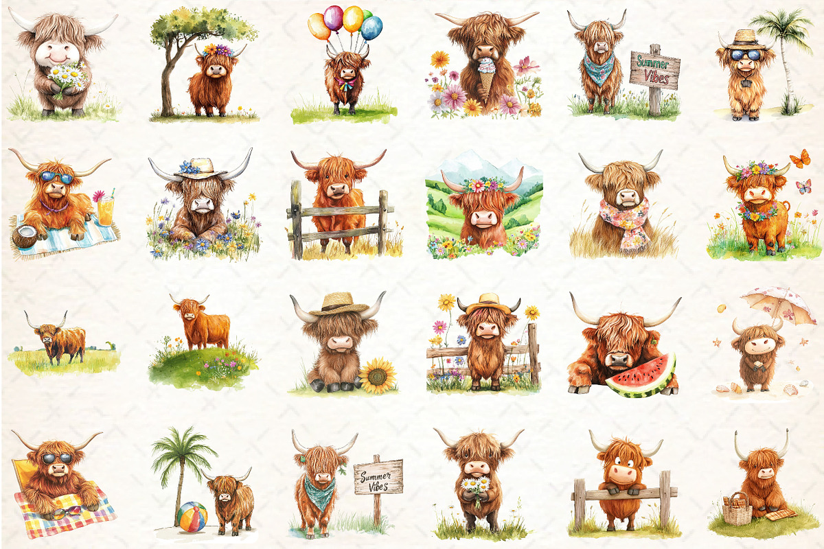 Summer Highland cow clipart Set, an Illustration by DreamCafeArt (Photo 3 of 5)