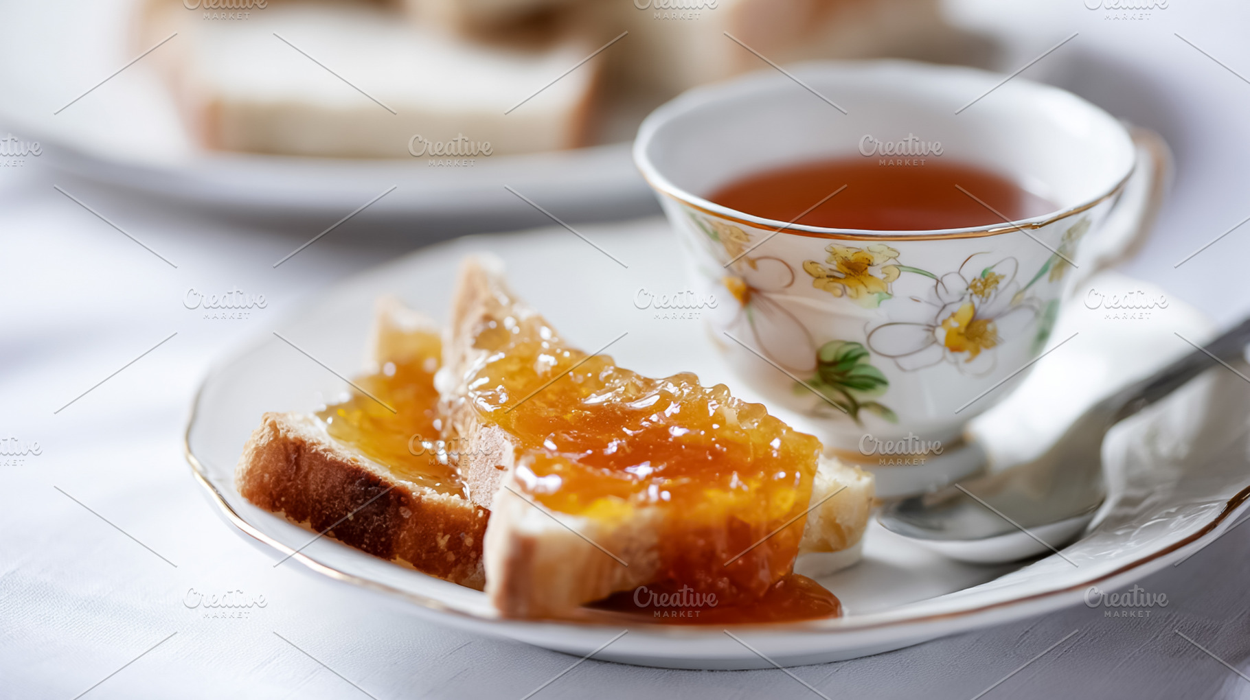 Slices of fresh white bread spread with golden marmalade and a d, a Photo by Studio ANNA