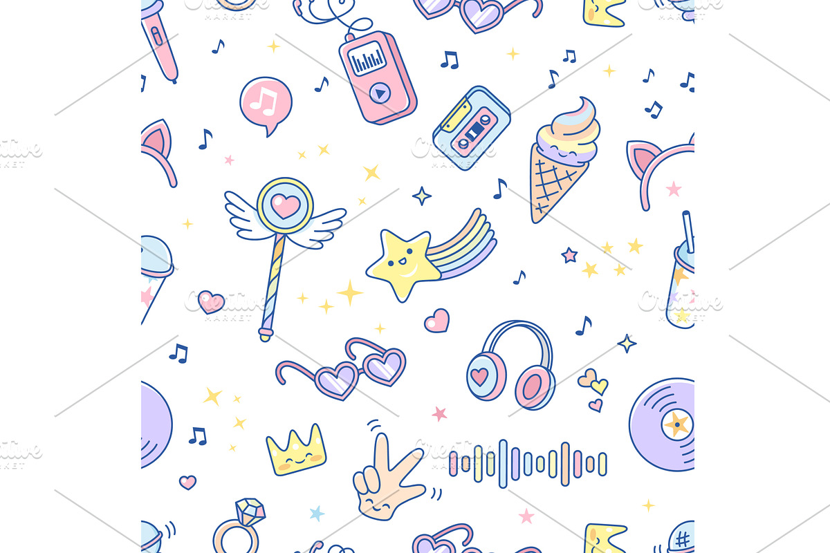 Kawaii music elements seamless, an Illustration by LadadikArt