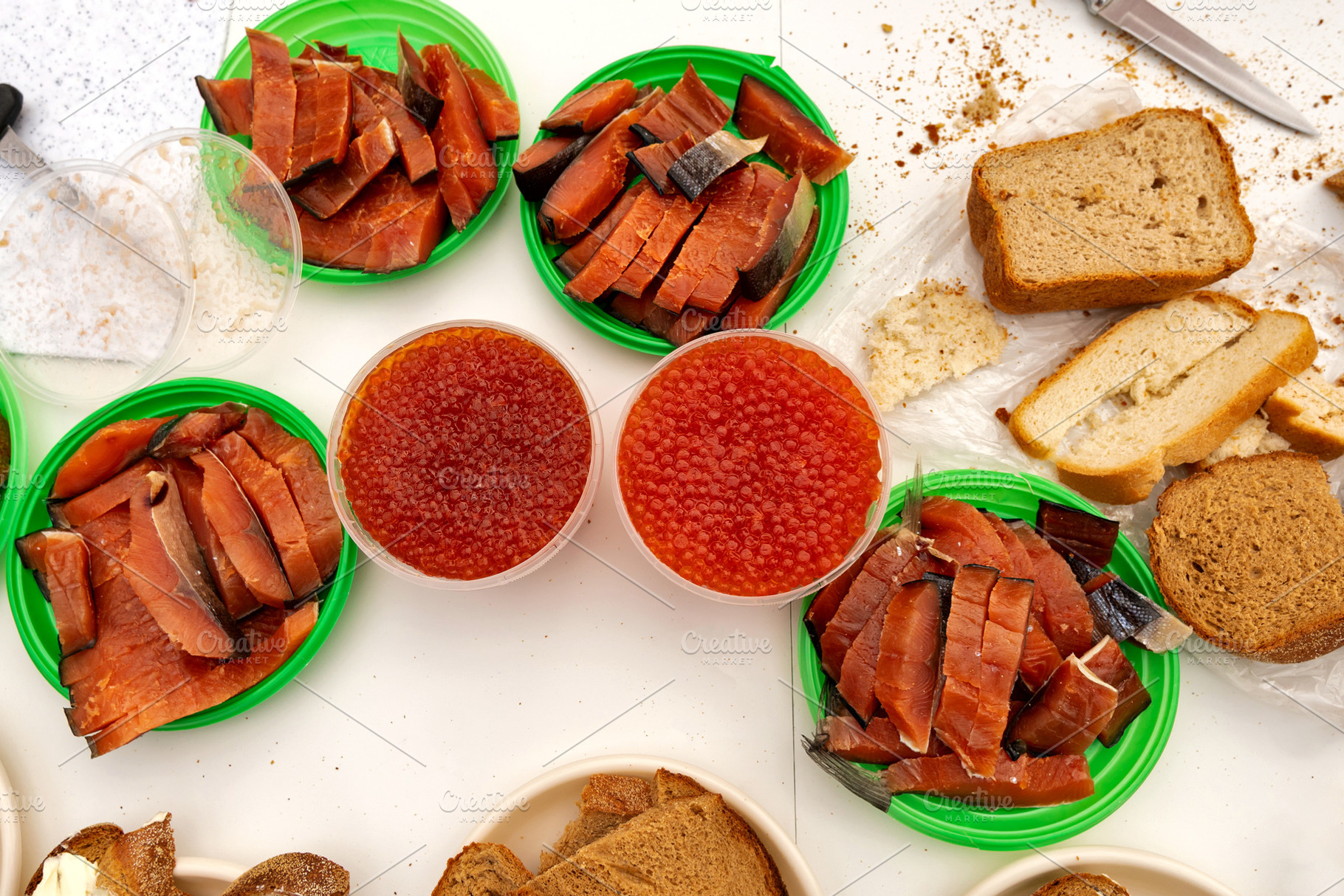 Traditional spread with smoke salmon, a Food & Drink Photo by Elena Vagengeim