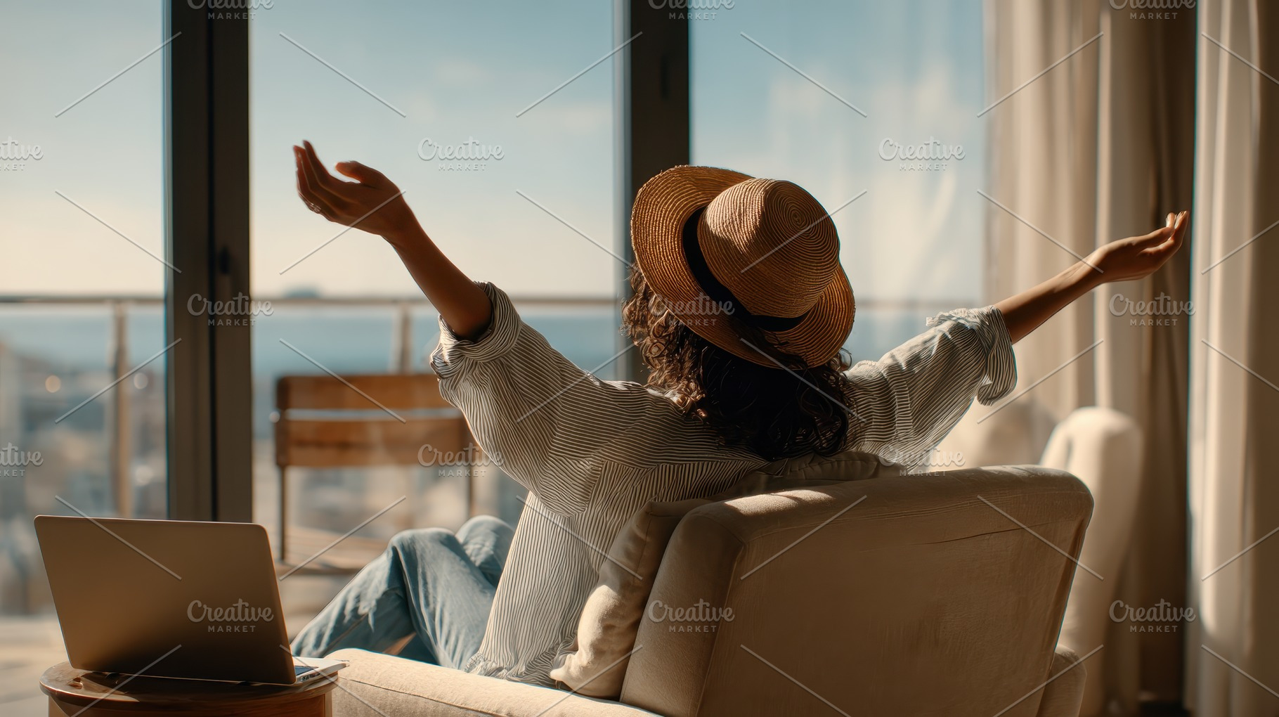 Woman relaxing in armchair enjoying, a Photo by Pixeness Studio