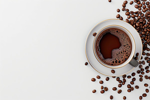Flat lay of cup of coffee and coffee beans on white background, a Food & Drink Photo by AlyaAnd