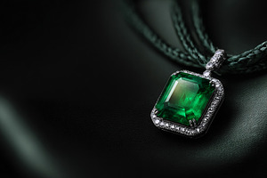 Emerald pendant necklace featuring a large green gemstone framed, a Photo by Studio ANNA
