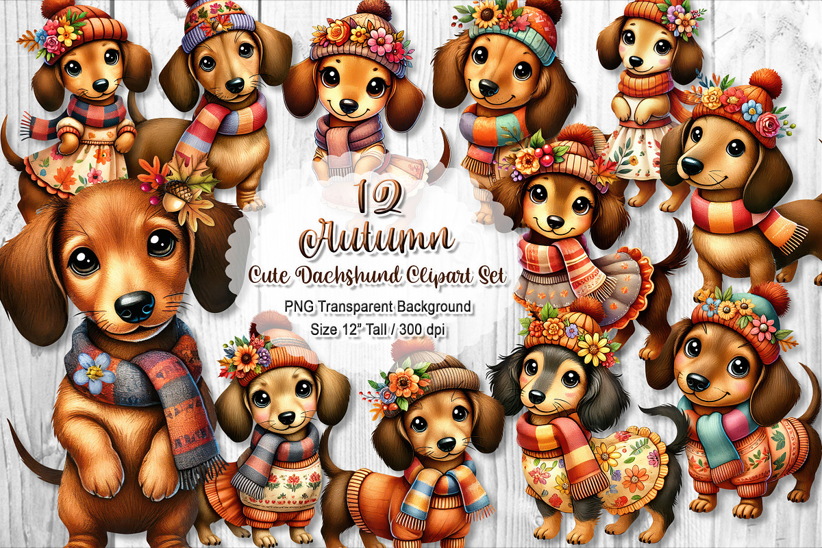 Cute Autumn Dachshund Clipart Set, a Seasonal Illustration by V Design Creator (Photo 1 of 9)