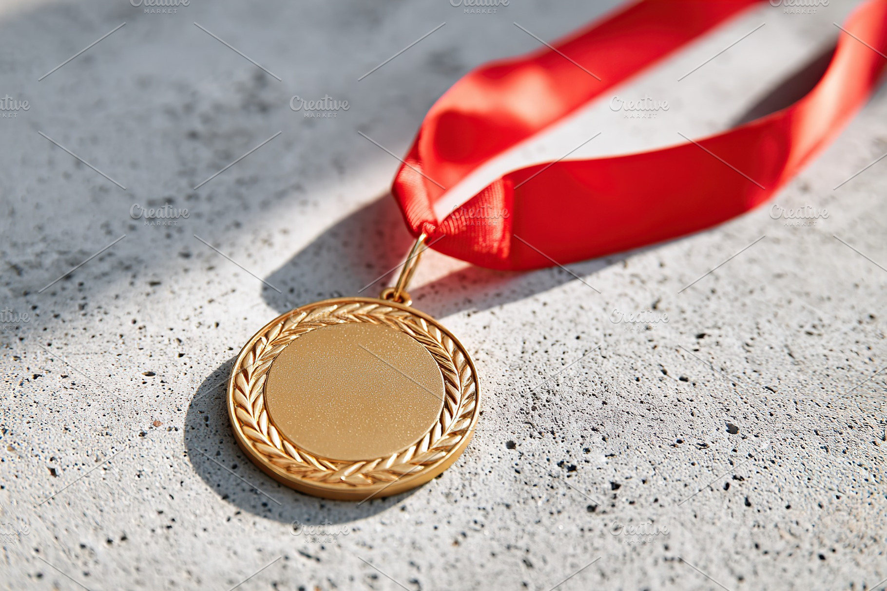 Golden medal resting on a textured surface with a red ribbon under natural ligh, a Sports & Recreation Photo by AlyaAnd