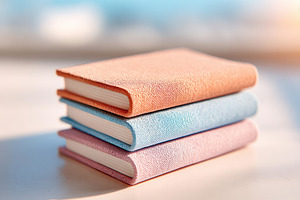 Colorful stacked notebooks on a table beside a window during bright daylight, a Photo by AlyaAnd