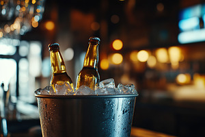 Ice bucket with beer bottles on bar background, a Food & Drink Photo by AlyaAnd